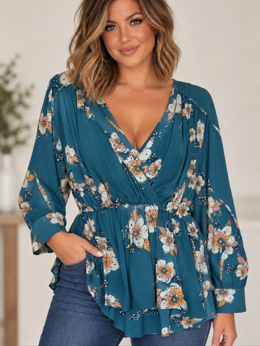 Free People Teal Floral Tuscan Dreams Tunic Blouse Size XS
